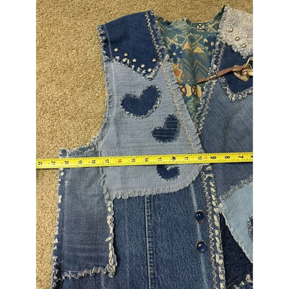 Womens Blue Denim Patchwork Vest South Western Y2k Boho Frayed LARGE READ - Picture 8 of 8